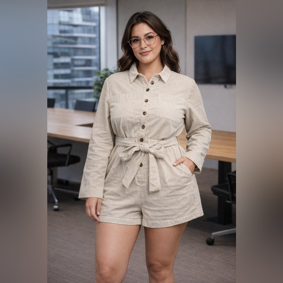 SHEIN Pants - Cream Button-Up Corduroy Long Sleeve Romper